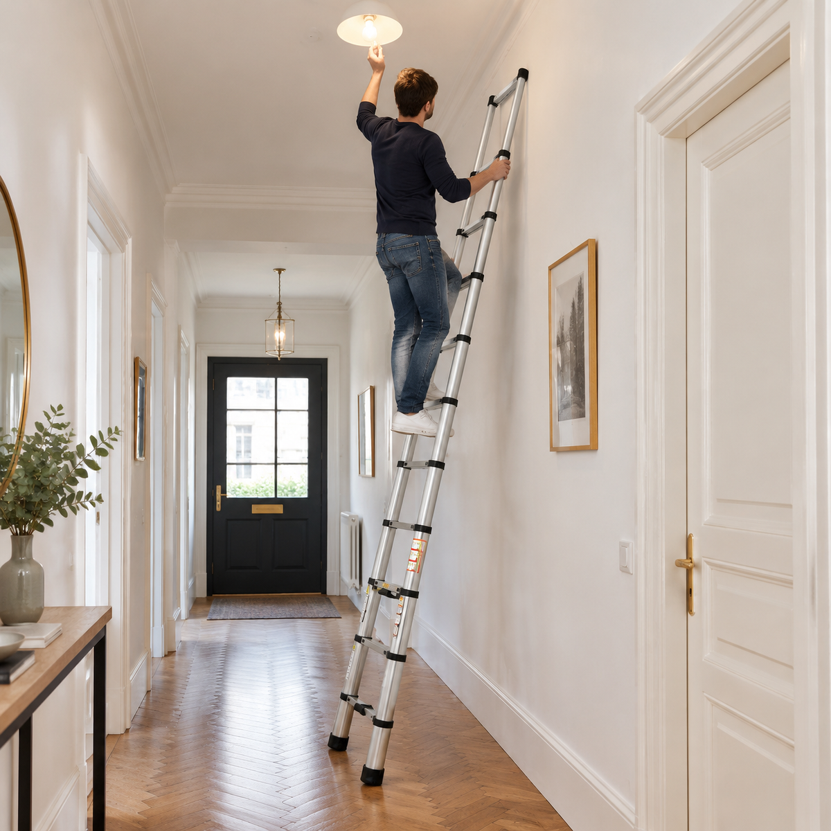 Échelle télescopique 2,6 m inox, dépliée contre un mur, pour changer une ampoule
