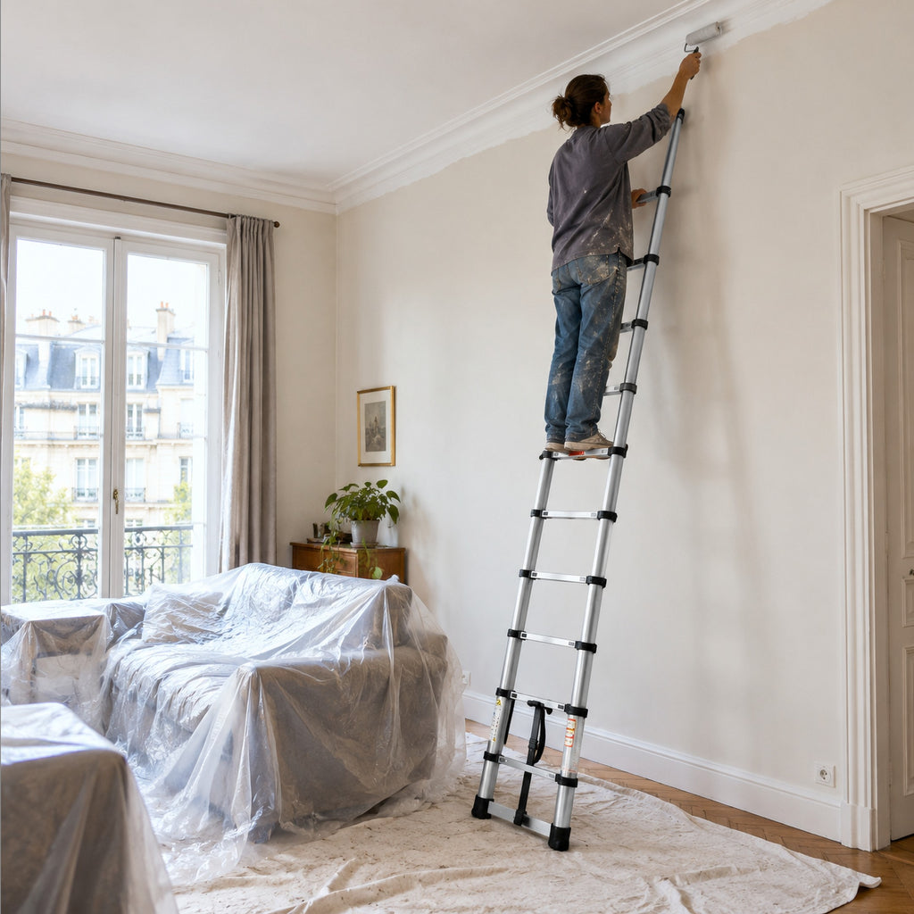 Échelle télescopique 3,2 m inox, dépliée contre un mur, pour peindre sous le plafond