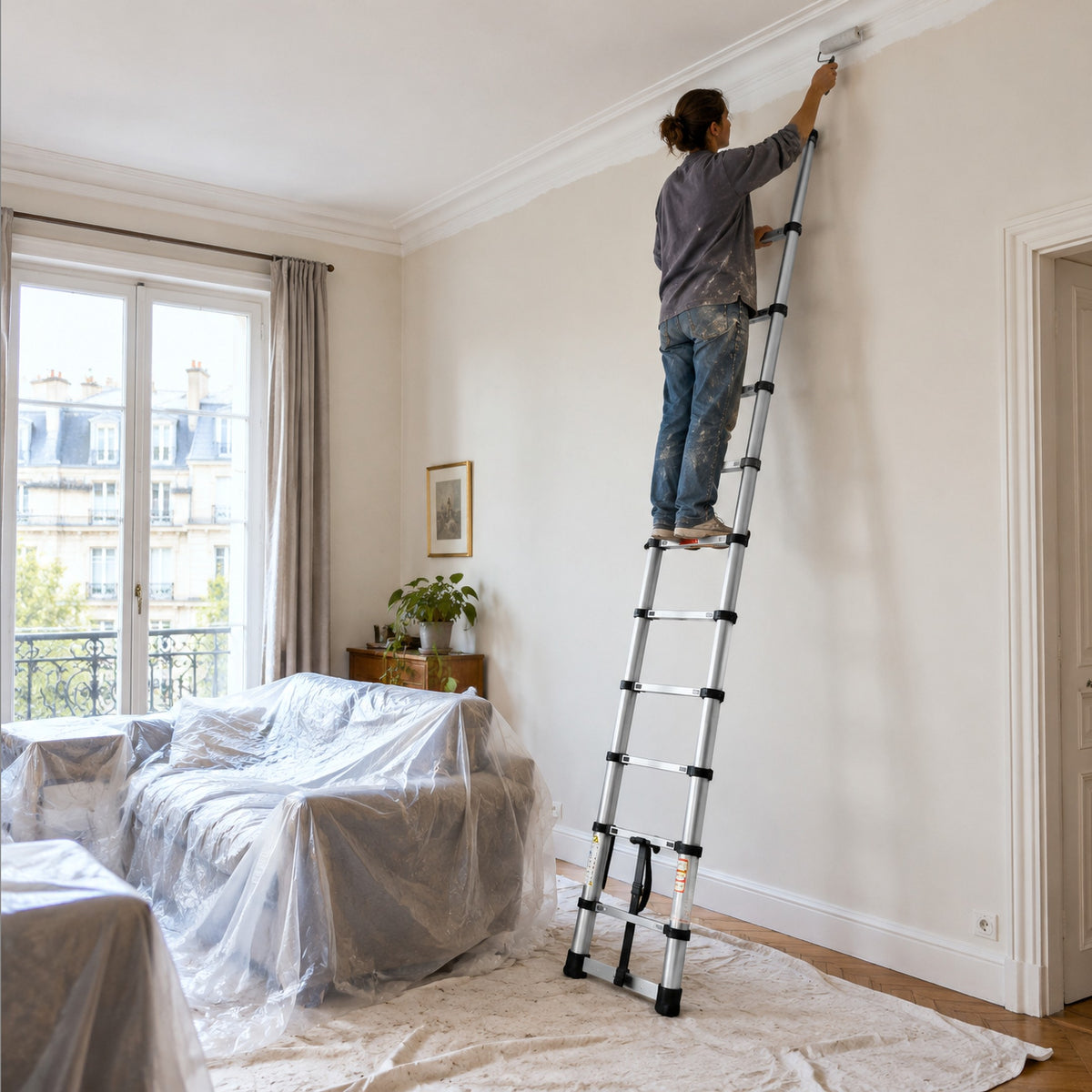 Échelle télescopique 3,2 m inox, dépliée contre un mur, pour peindre sous le plafond