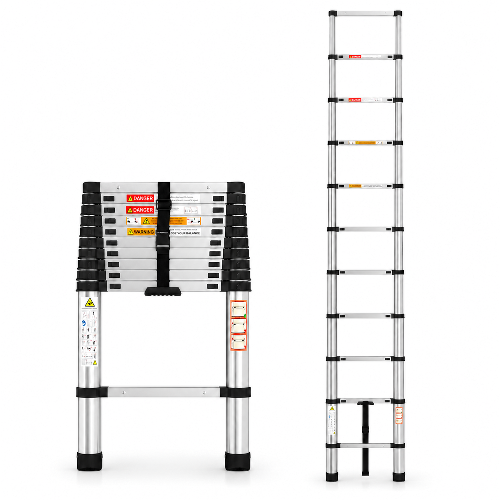 Échelle télescopique 3,2 m inox, repliée et dépliée, sur fond blanc