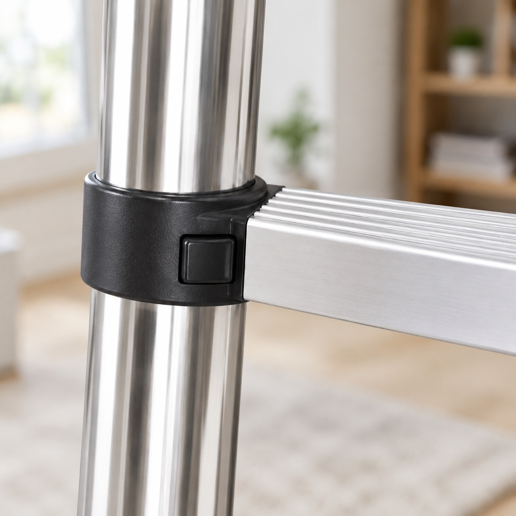 Échelle télescopique 3,2 m inox, gros plan : marche striée, collier noir et bouton de blocage