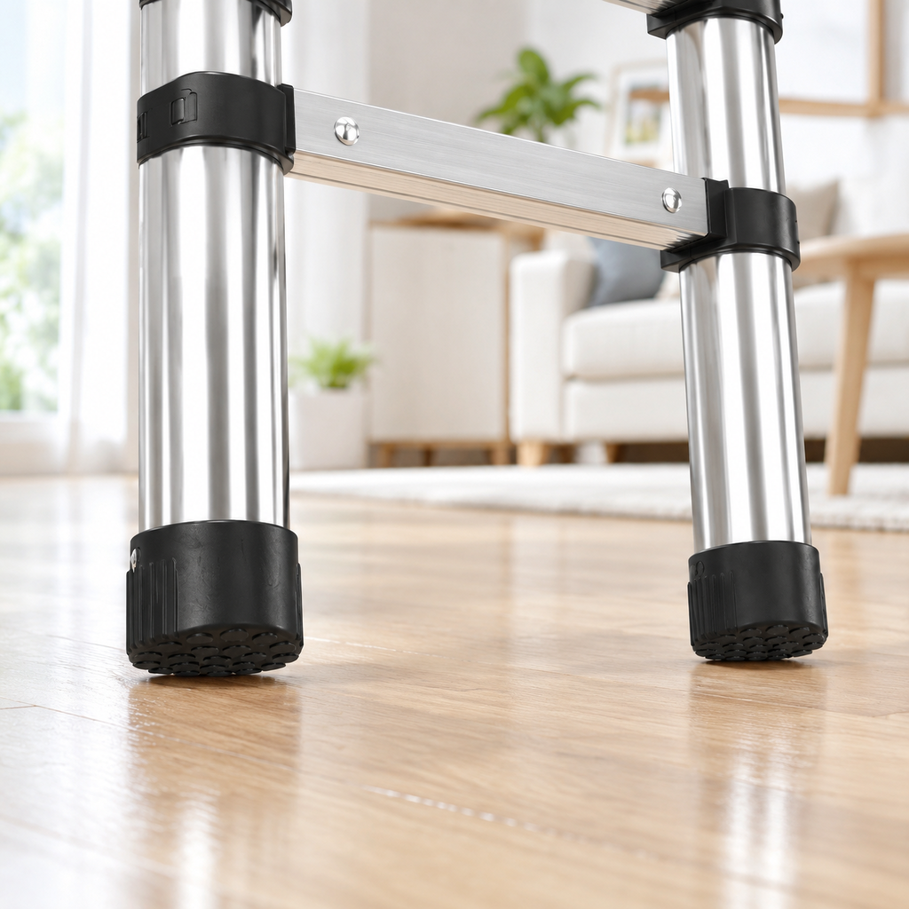 Échelle télescopique 3,2 m inox, gros plan : embouts de pieds en caoutchouc antidérapants