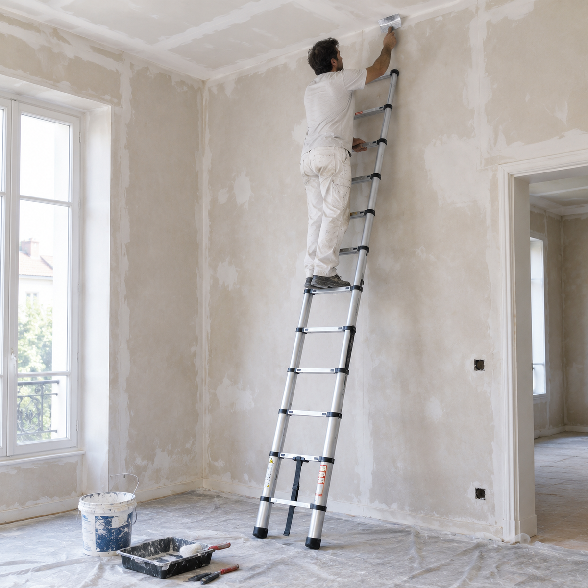 Échelle télescopique 3,2 m inox sur un chantier de rénovation, pour enduire le plafond