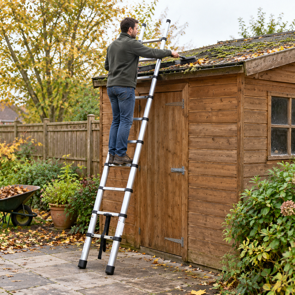 Échelle télescopique 3,2 m inox contre le toit d'un abri de jardin, pour le nettoyer