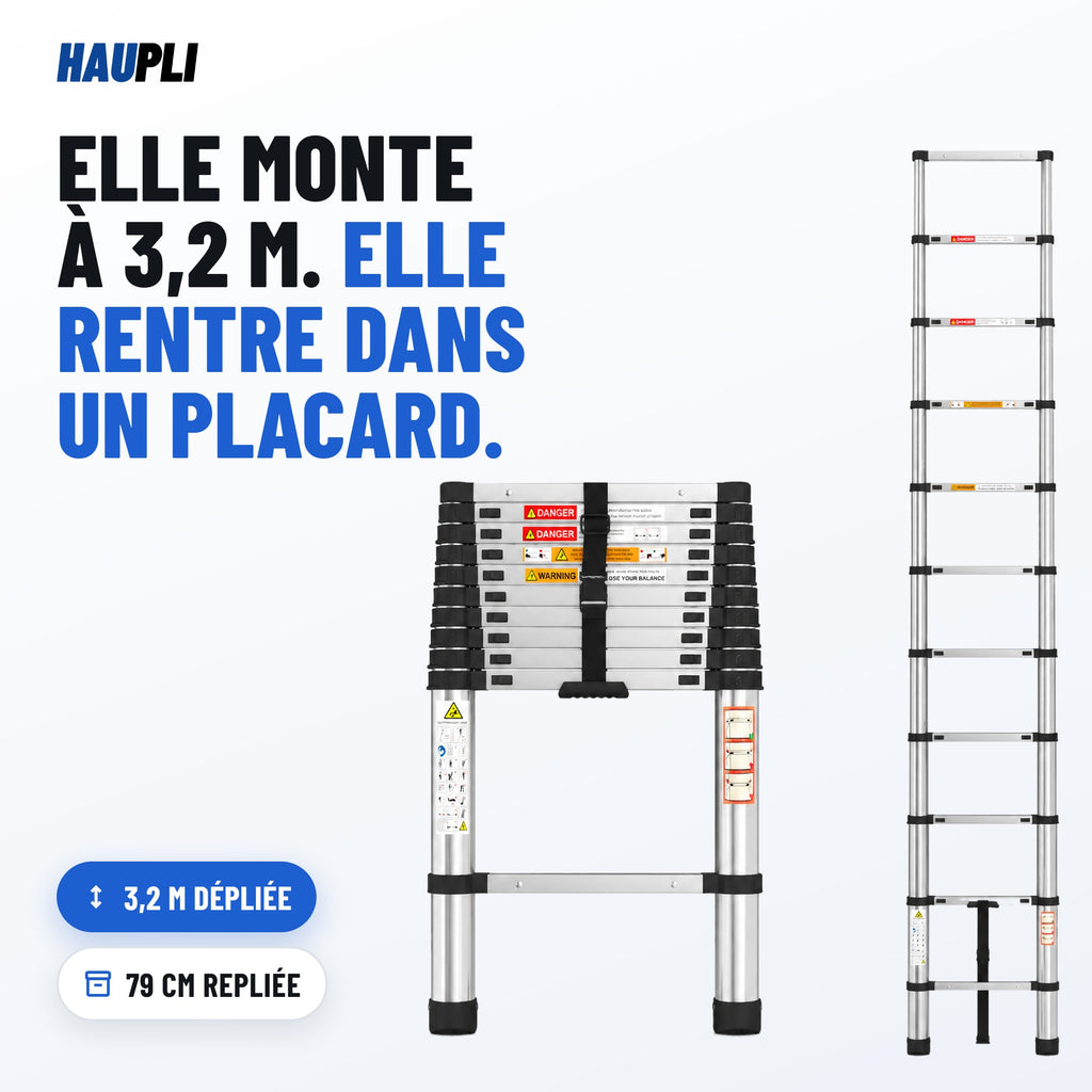 Échelle télescopique 3,2 m inox : elle monte à 3,2 m et rentre dans un placard
