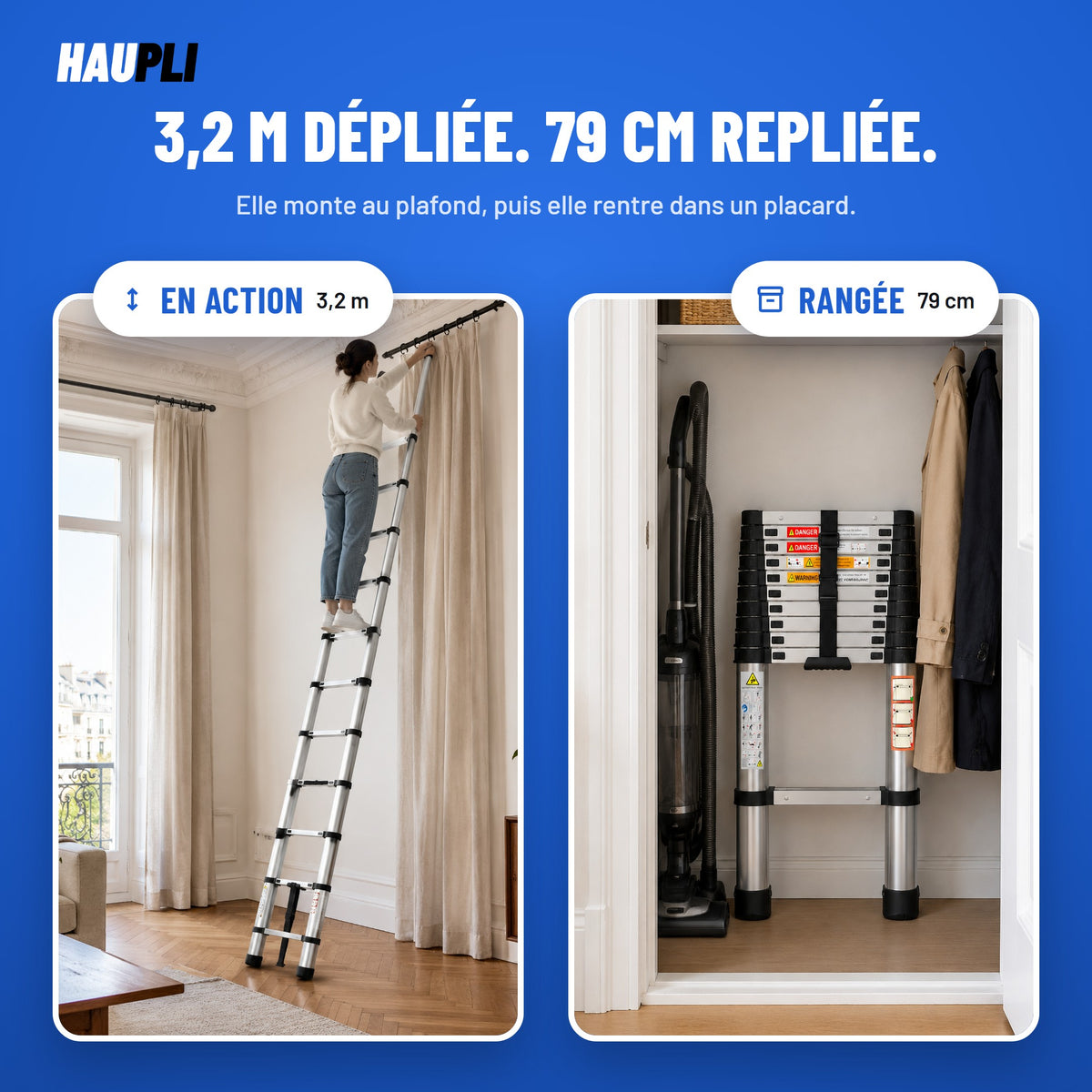 Échelle télescopique 3,2 m inox en action sous le plafond et rangée dans un placard : 3,2 m dépliée, 79 cm repliée