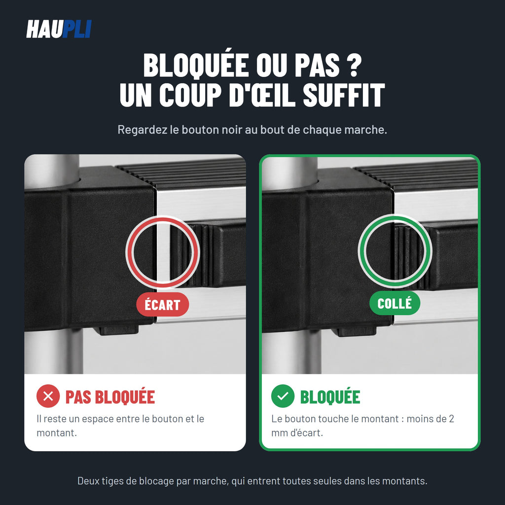 Échelle télescopique 3,2 m inox : bouton de blocage écarté (pas bloquée) puis collé au montant (bloquée)