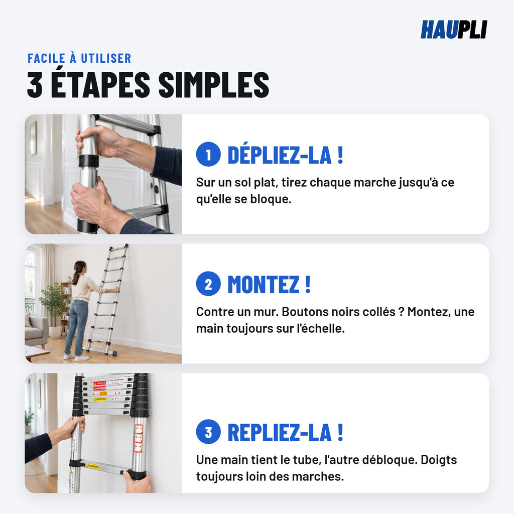 Échelle télescopique 3,2 m inox, mode d'emploi en 3 étapes : dépliez-la, montez, repliez-la