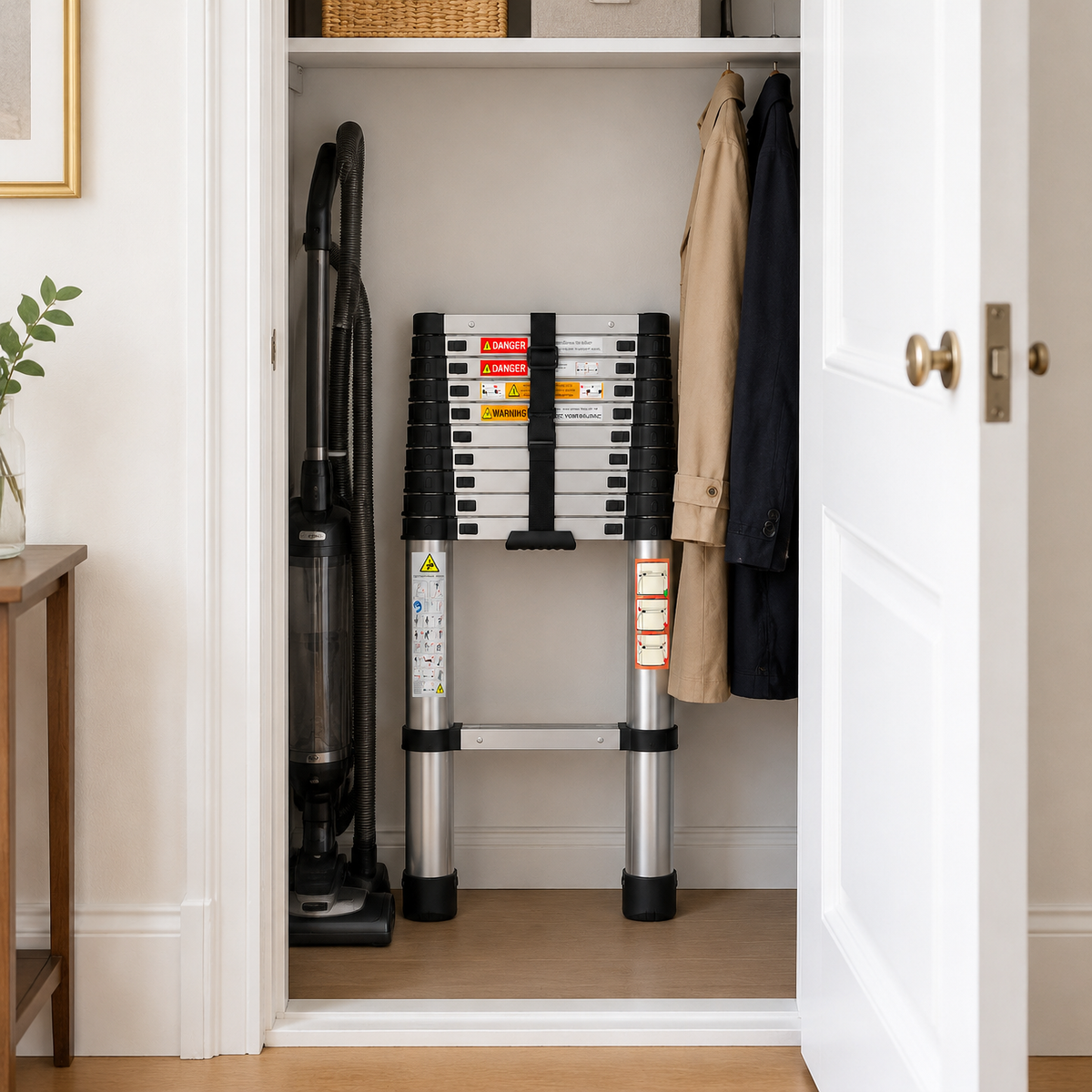 Échelle télescopique 3,8 m inox, repliée, rangée dans un placard