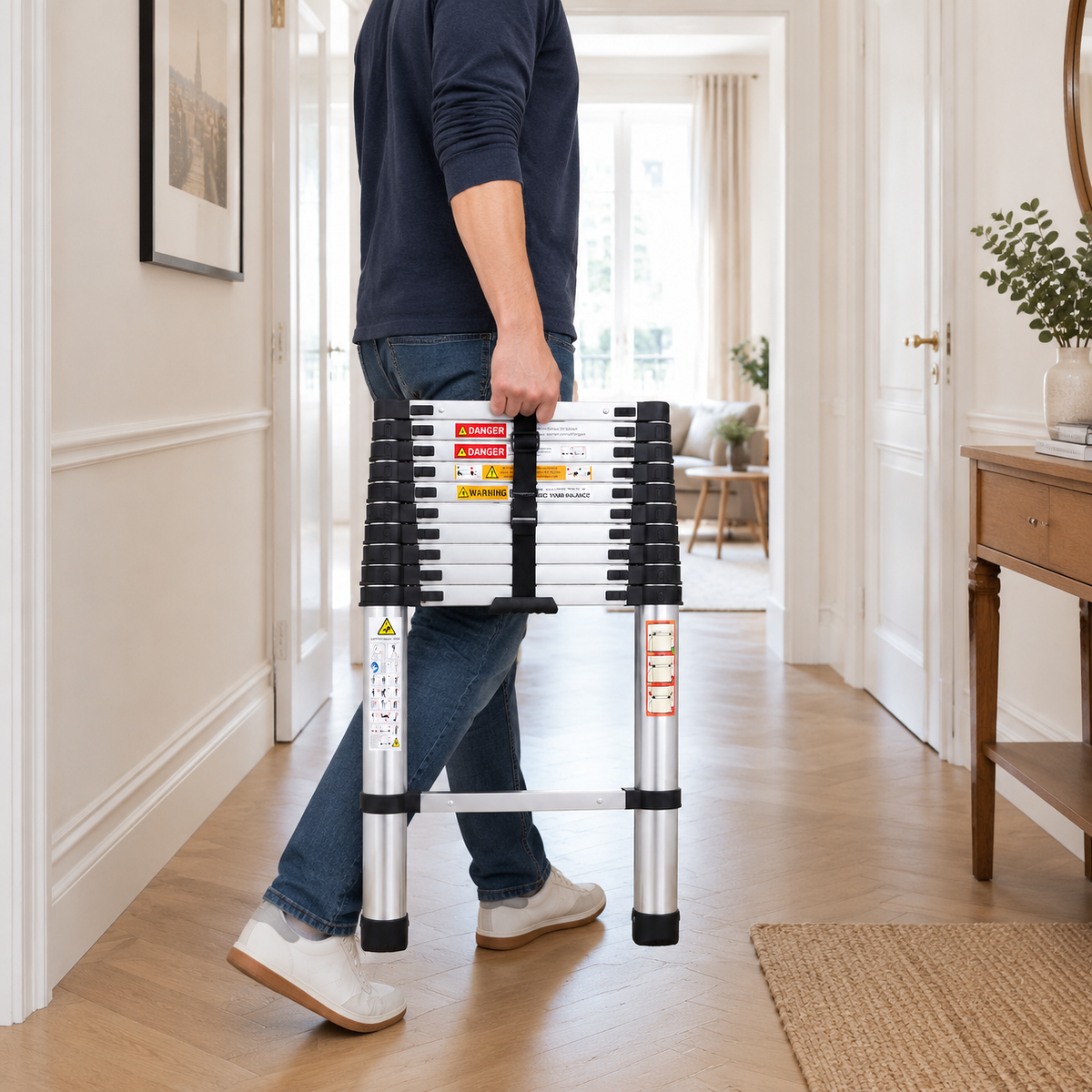 Échelle télescopique 3,8 m inox, repliée, portée à la main