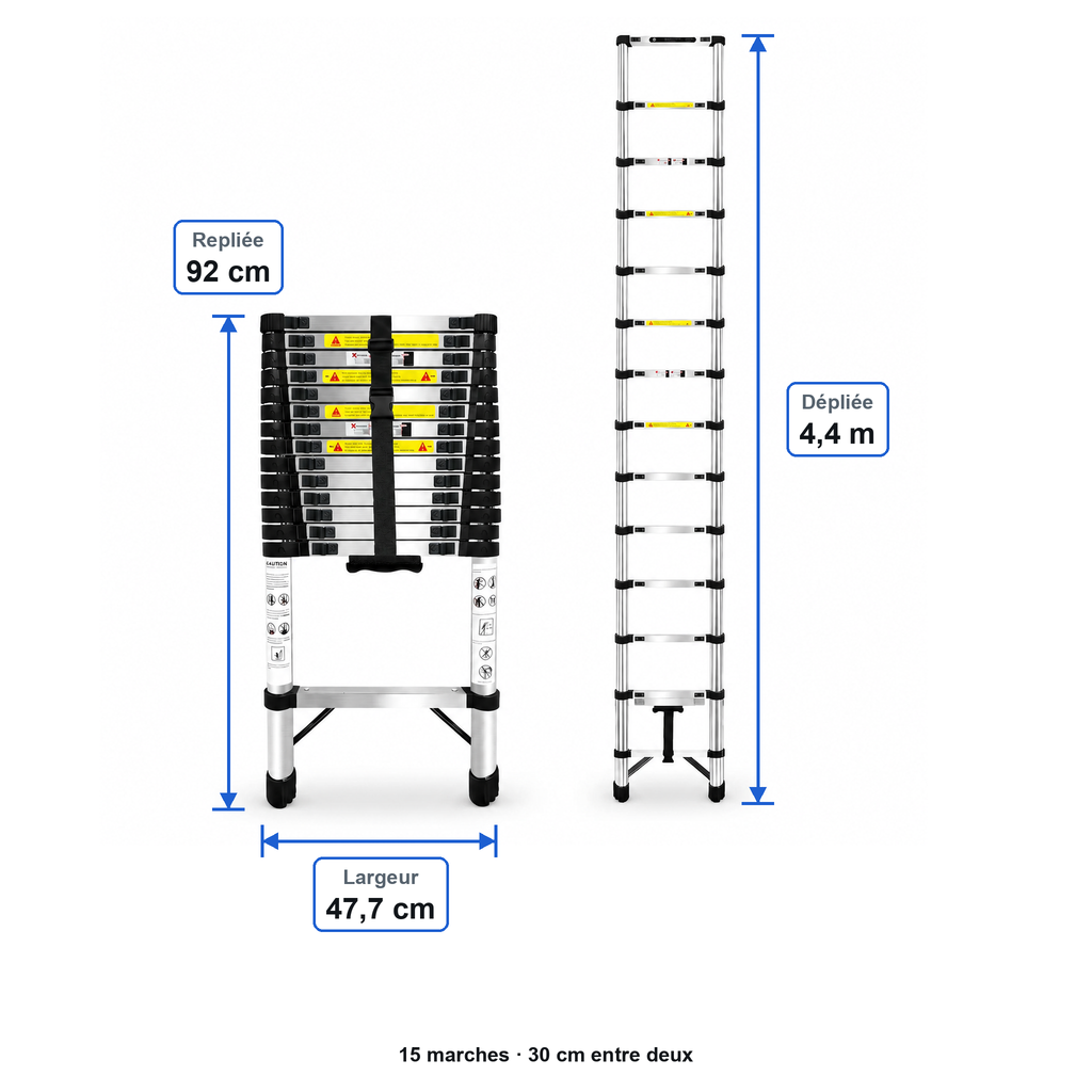 Échelle télescopique 4,4 m inox, cotes : dépliée, repliée, largeur