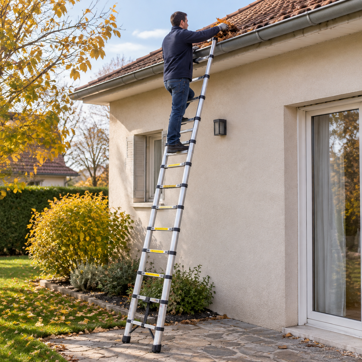 Échelle télescopique 4,4 m inox, dépliée contre une maison, pour vider la gouttière