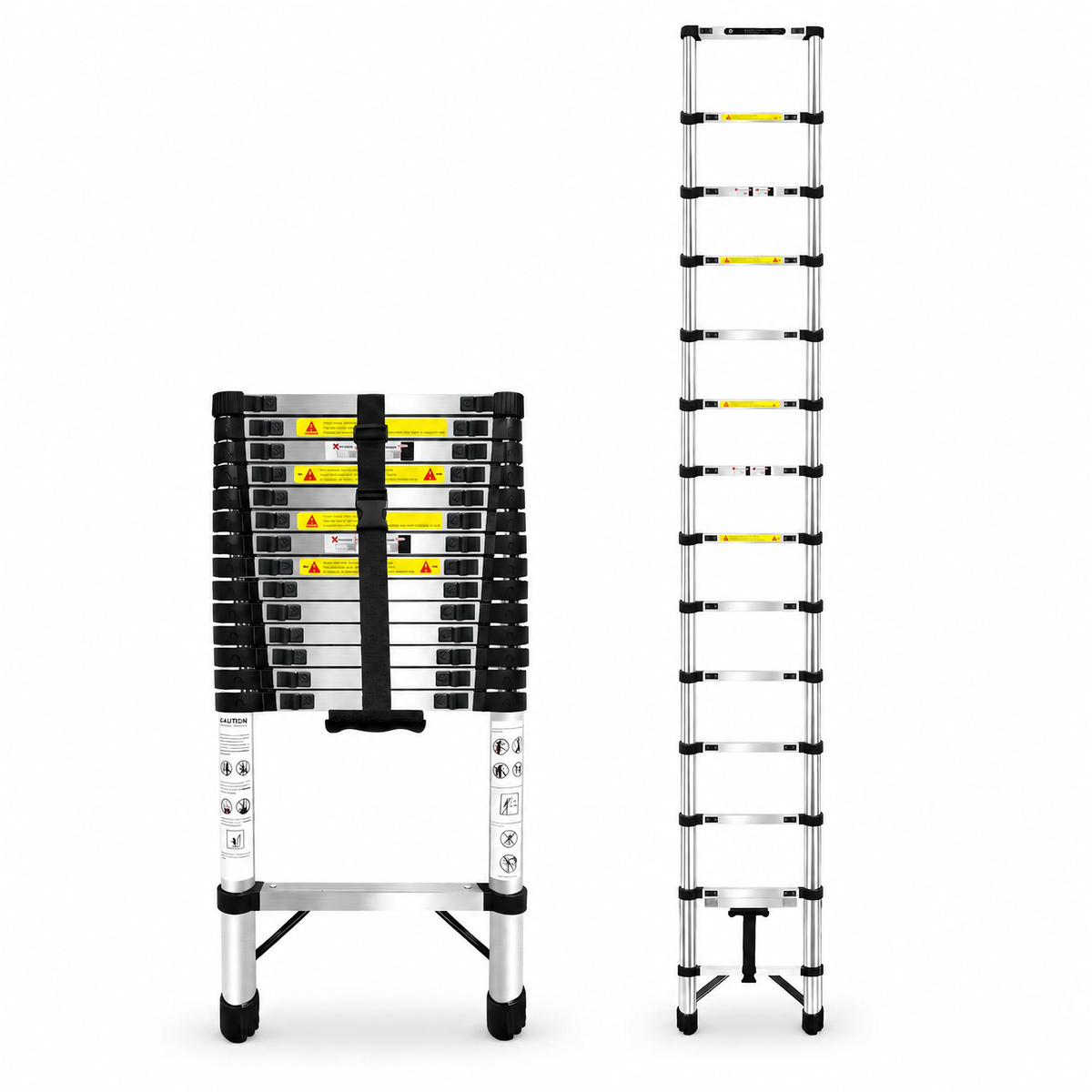Échelle télescopique 4,4 m inox, repliée et dépliée