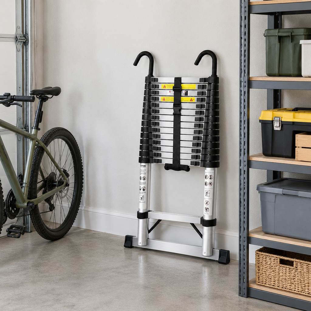 Échelle télescopique 5,1 m inox avec crochets, repliée, rangée dans un garage
