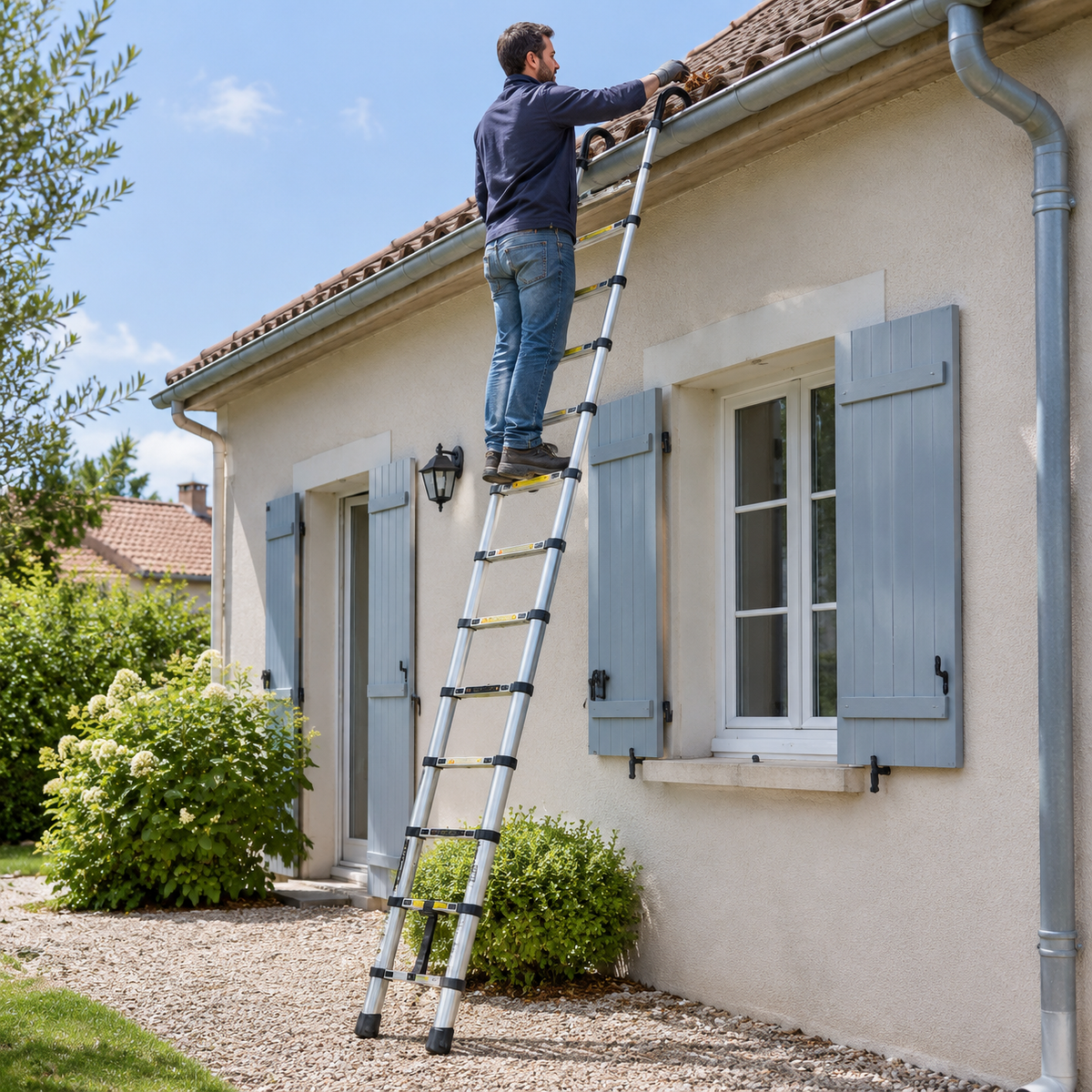 Échelle télescopique 5,1 m inox avec crochets, crochets accrochés à la gouttière