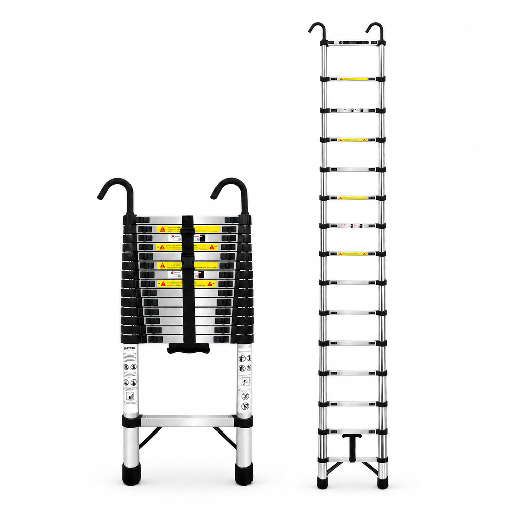 Échelle télescopique 5,1 m inox avec crochets, repliée et dépliée