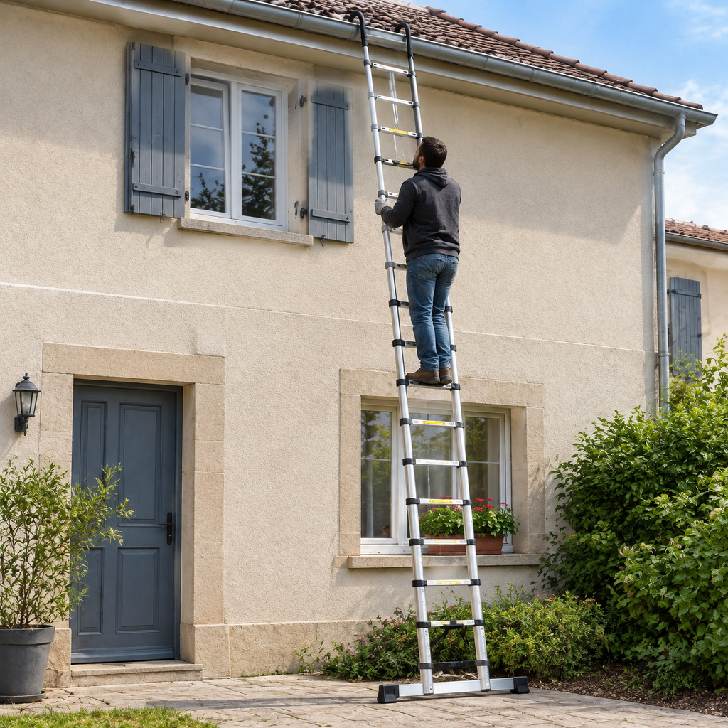 Échelle télescopique 6,3 m inox avec crochets, crochets accrochés à la gouttière d'une maison à étage