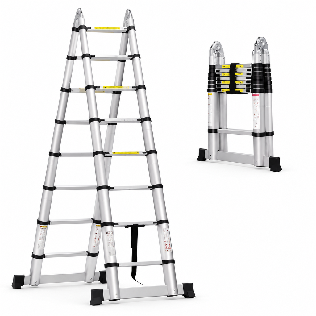 Échelle télescopique pliable 5 m inox, ouverte en A et repliée