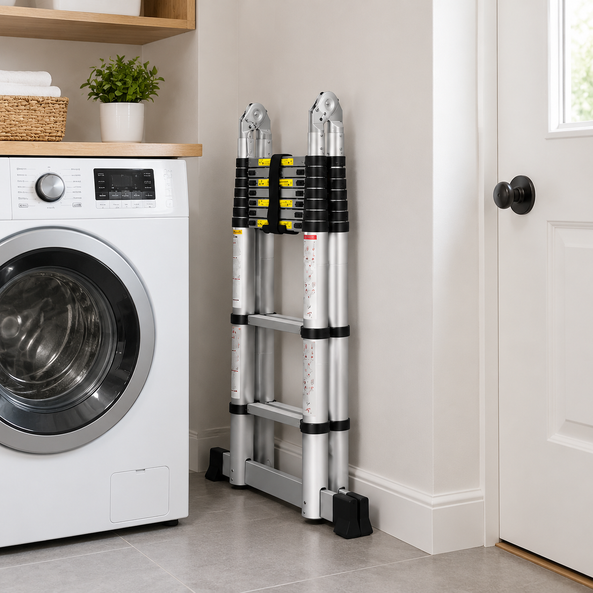 Échelle télescopique pliable 5 m inox, repliée, rangée dans une buanderie