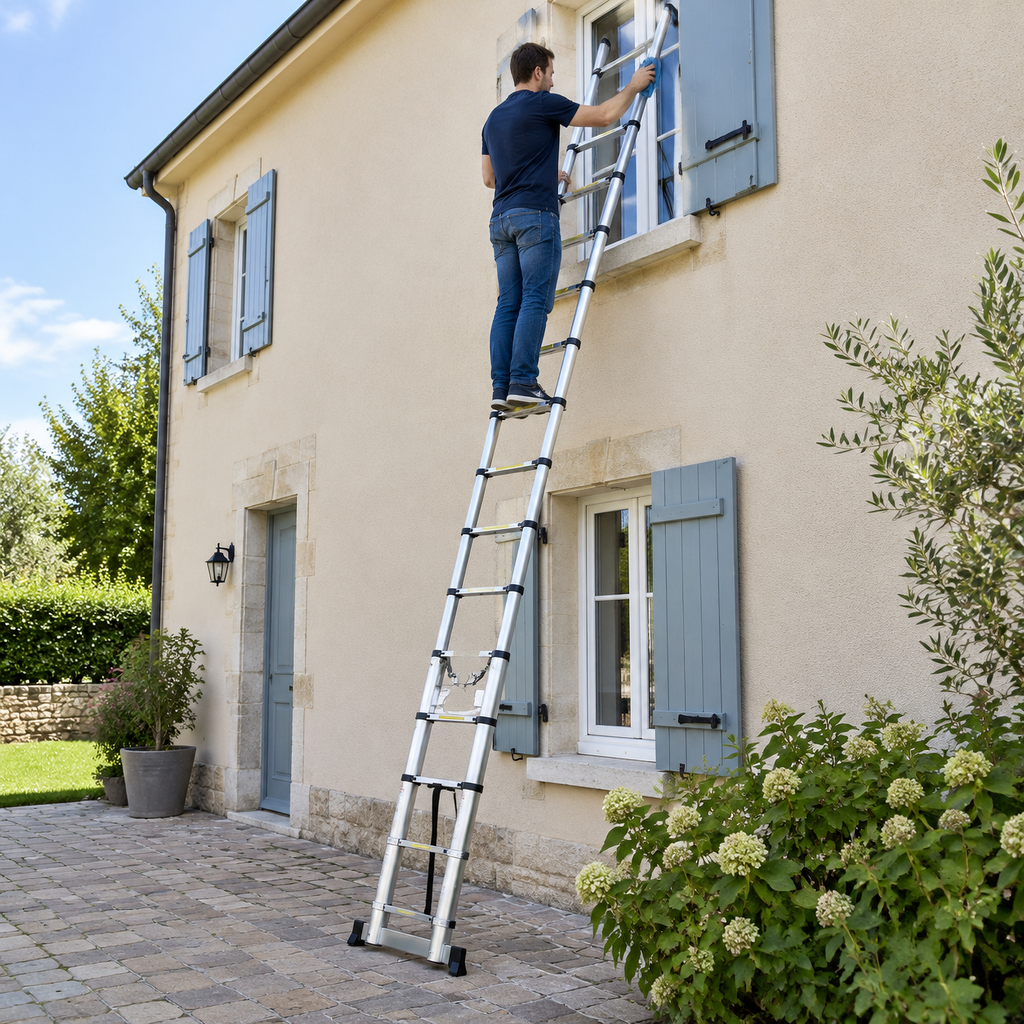 Échelle télescopique pliable 5 m inox, dépliée droite contre une façade