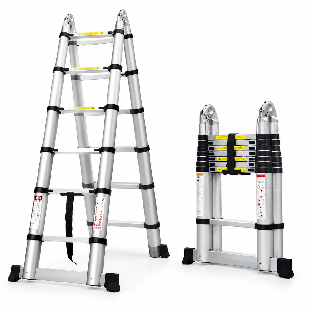 Échelle télescopique pliable 5 m inox, repliée et dépliée
