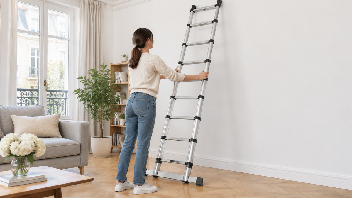 Illustration : une personne pose une échelle télescopique dépliée contre un mur, sur un sol plat